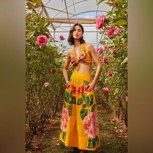 Yellow Spring Awakening Organic Cotton Midi Skirt Size S Small NWT